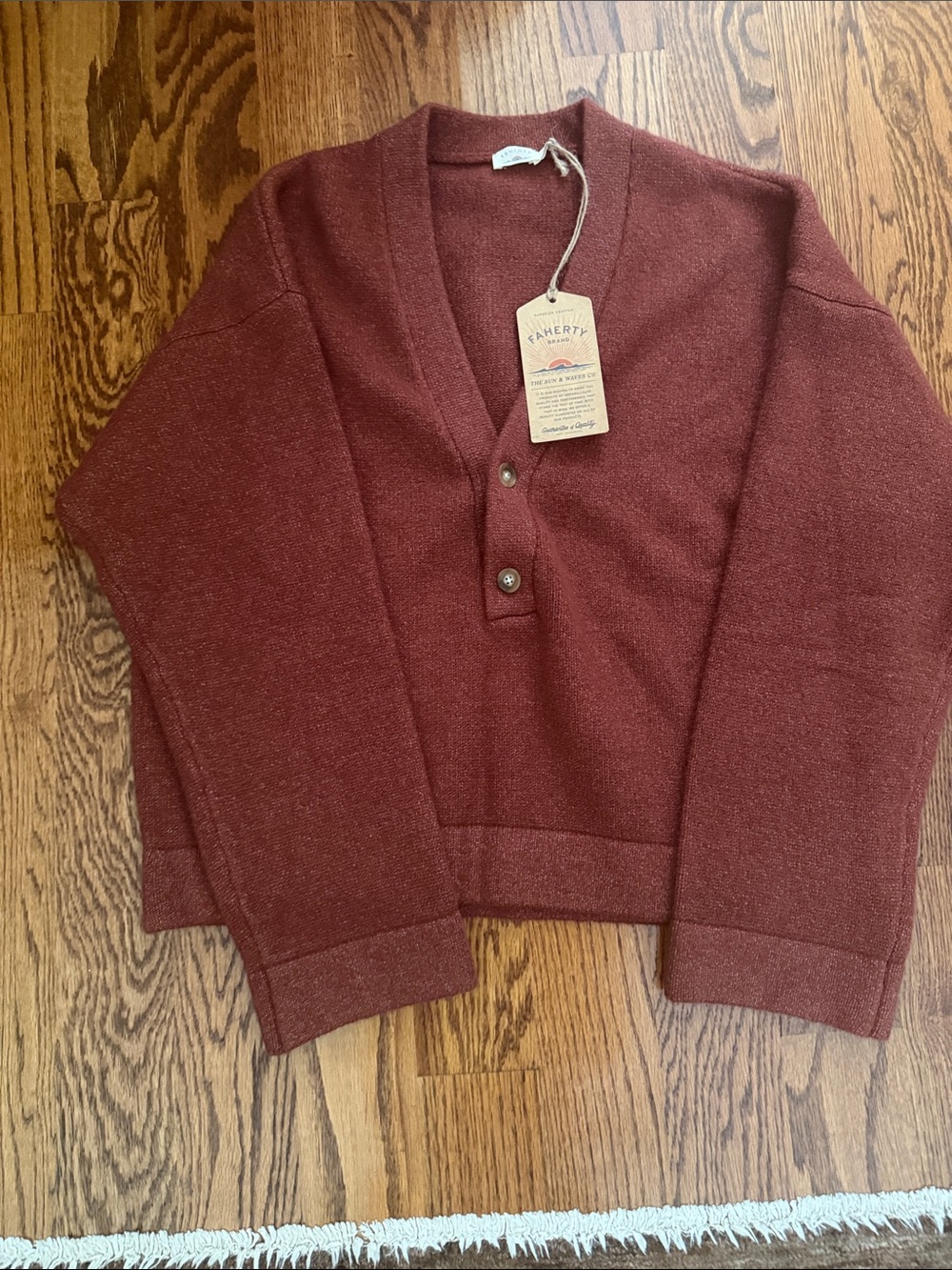 Faherty Brick Red V-Neck Henley Sweater